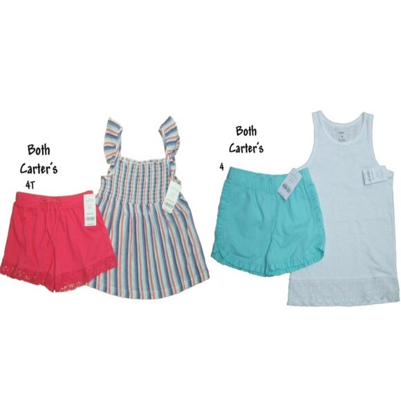 Carter's Other - Girls Outfit Shirt Short Set Lot Striped Smocked Top Crochet Trim Tank Tee